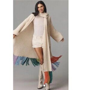 Anthropologie Cream Scarf with Multicolor Fringe